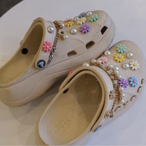 CROCS Women's Tan Clogs with Floral and Pearl Details
